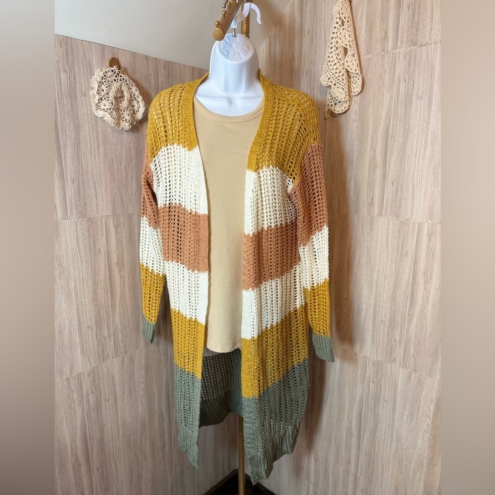 Doe & Rae Golden Green and Cream Fall Knit Long Cardigan